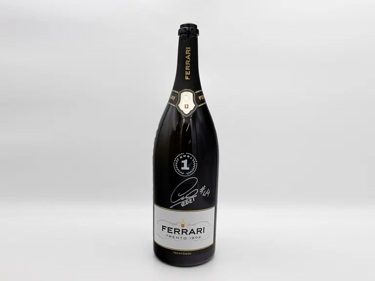 2021 Lewis Hamilton | Signed Ferrari Trento 1st Place Champagne Bottle and Silverstone Podium Cap