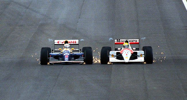 "Fight to the Finish" Ayrton Senna defending against Nigel Mansell