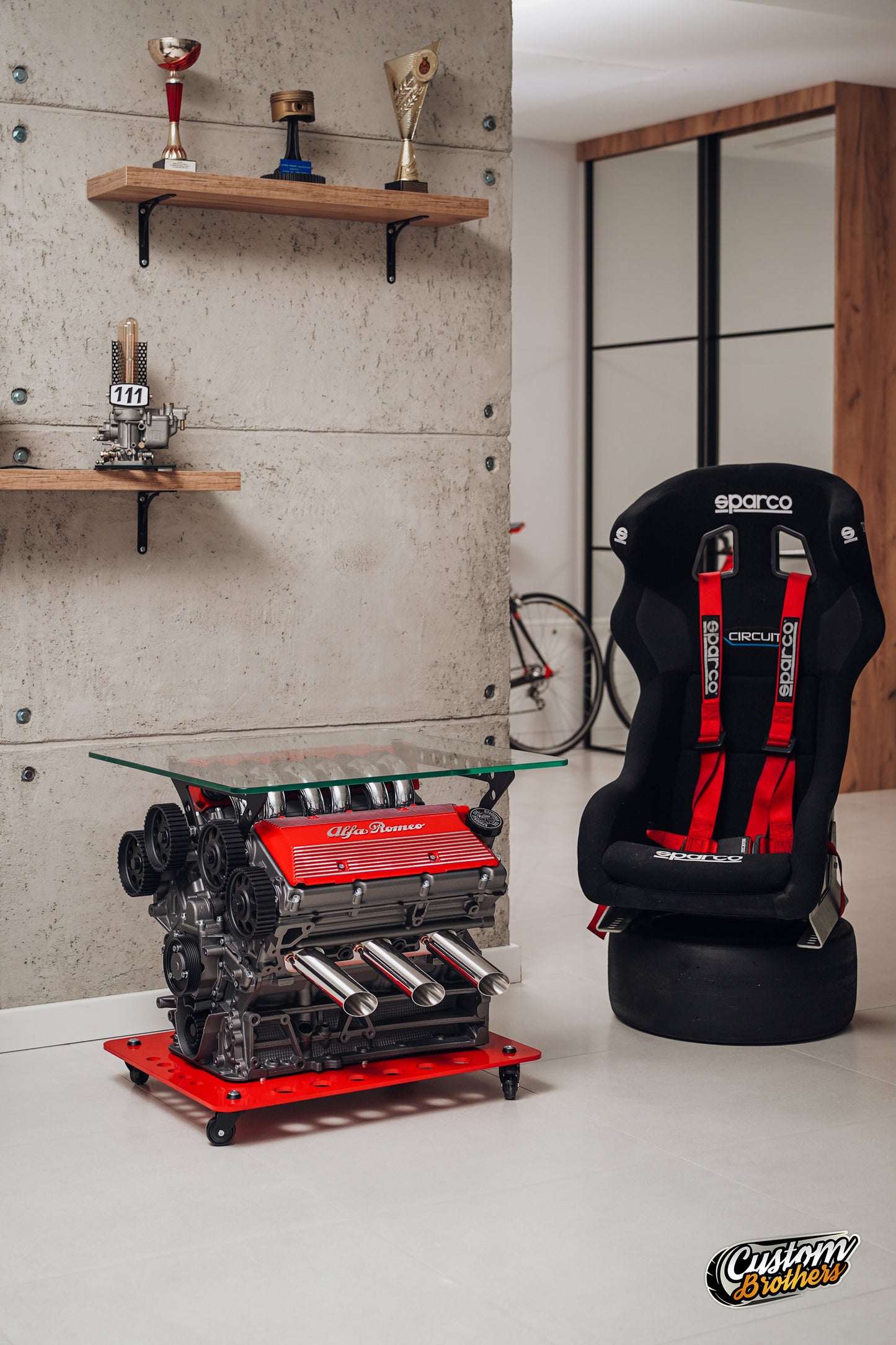 Alfa Romeo V6 Engine Coffee Table with Glass Top - Luxury Car Engine Table