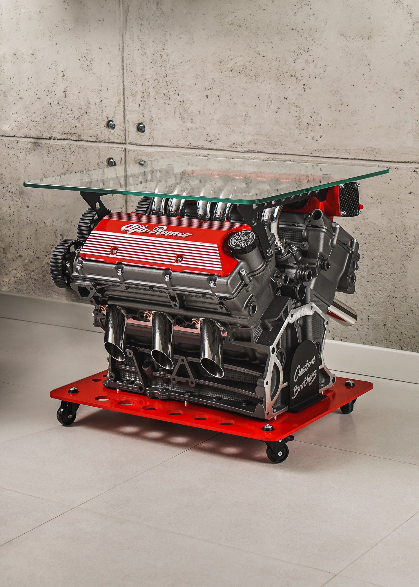 Alfa Romeo V6 Engine Coffee Table with Glass Top - Luxury Car Engine Table