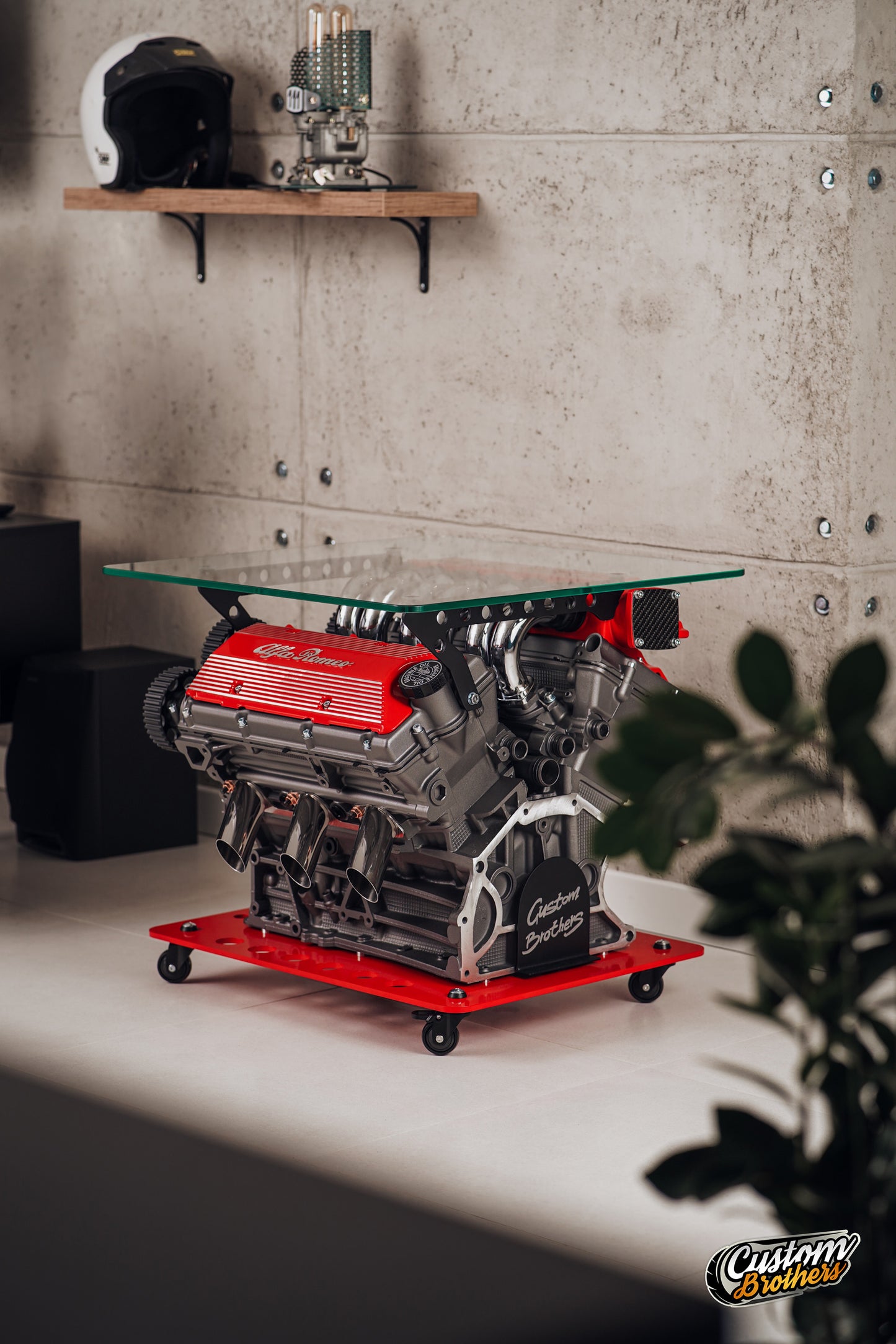 Alfa Romeo V6 Engine Coffee Table with Glass Top - Luxury Car Engine Table