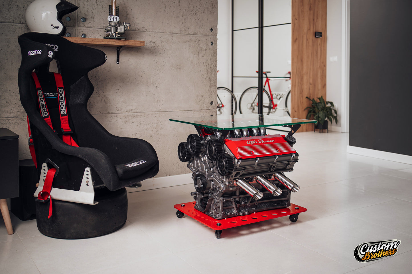 Alfa Romeo V6 Engine Coffee Table with Glass Top - Luxury Car Engine Table