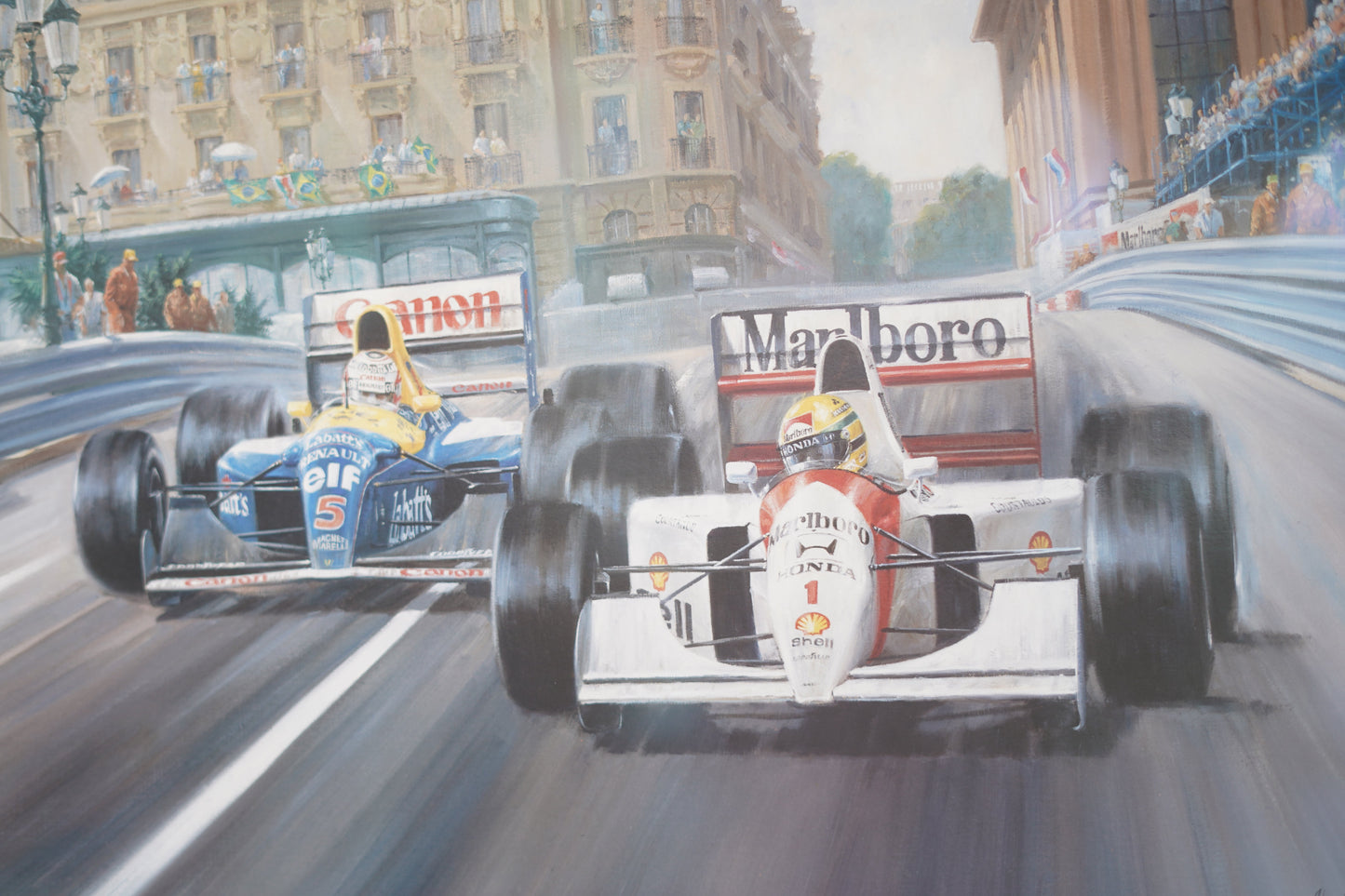 "Fight to the Finish" Ayrton Senna defending against Nigel Mansell