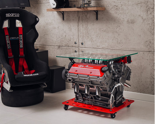 Alfa Romeo V6 Engine Coffee Table with Glass Top - Luxury Car Engine Table