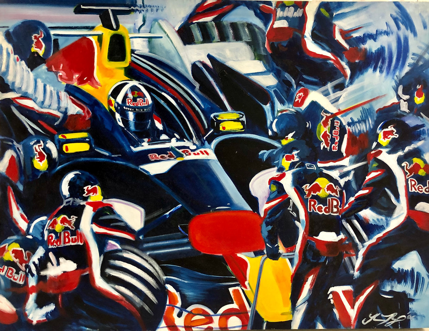 2007 PETER EISENREICH “RED BULL PIT STOP – DAVID COULTHARD” Original Oil on Canvas
