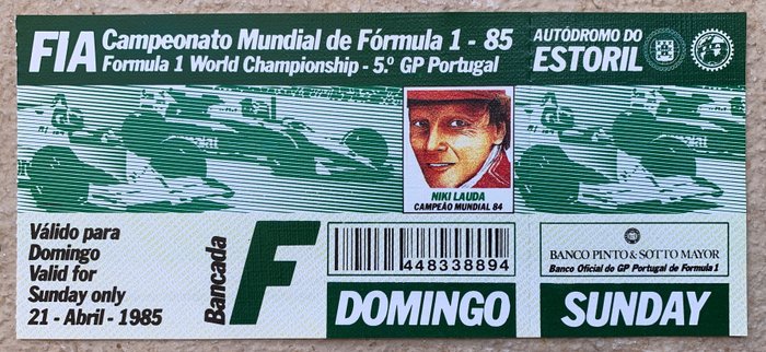 1985 Estoril Grand Prix Ticket – Ayrton Senna’s First Formula 1 Victory | Original Race-Day Admission