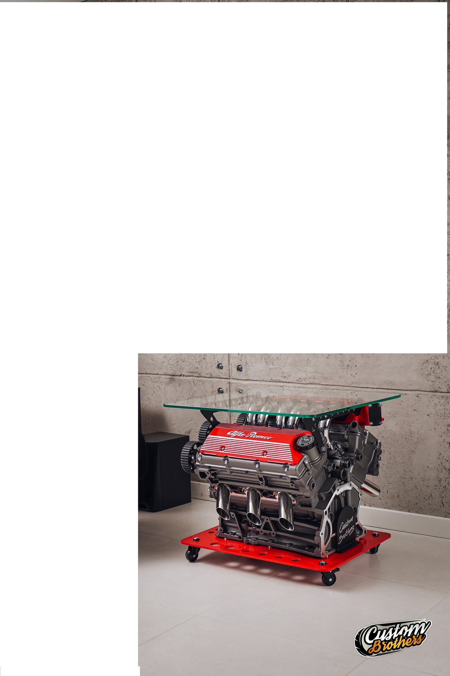 Alfa Romeo V6 Engine Coffee Table with Glass Top - Luxury Car Engine Table